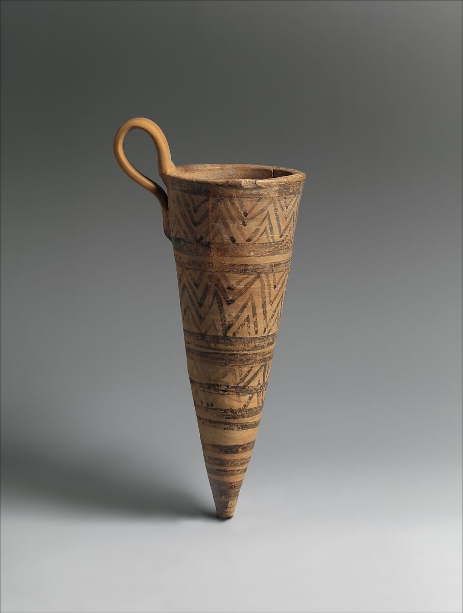 Terracotta conical rhyton (vase for liquid offerings), Terracotta, Minoan 