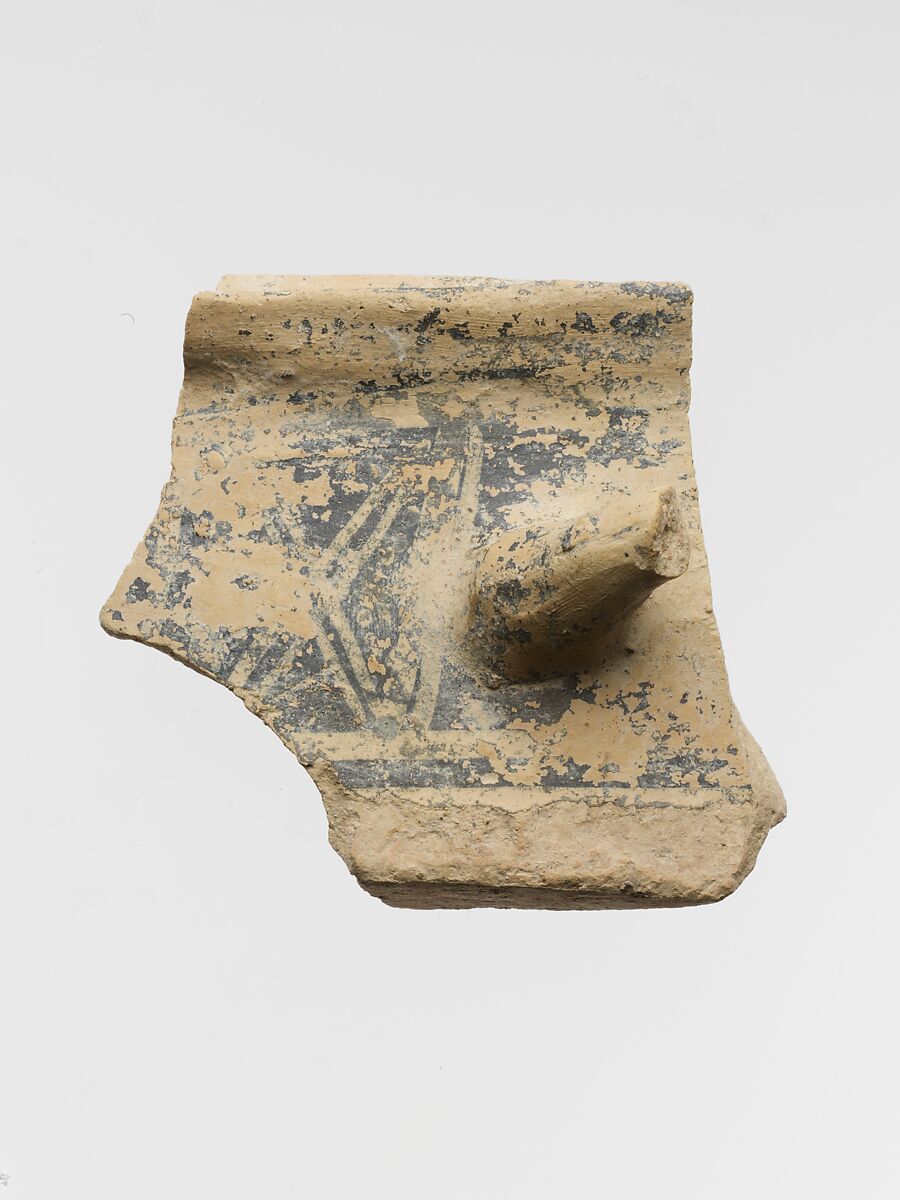 Terracotta fragment of a cylindrical pyxis (box with lid) with part of handle and hatched squares, Terracotta, Minoan 