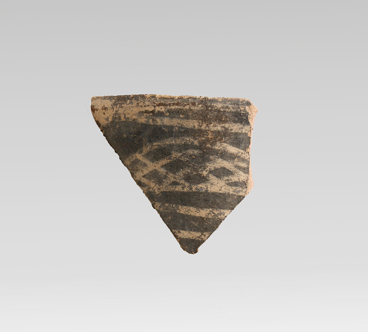 Terracotta rim fragment with cross-hatching and bands, Terracotta, Minoan 