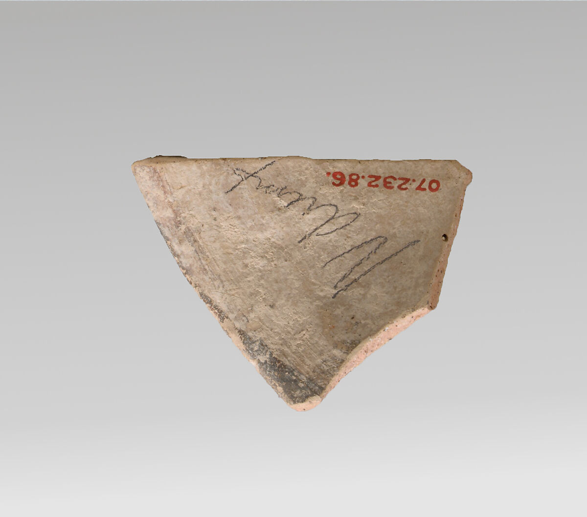 Terracotta rim fragment with cross-hatching and bands, Terracotta, Minoan