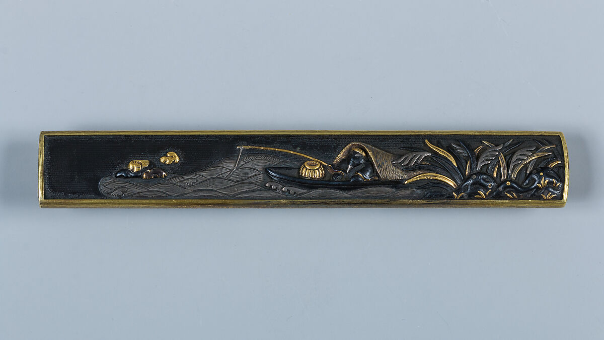 Knife Handle (Kozuka) with Certificate of Authenticity (Orikami), Gotō Renjō (Mitsutomo) (Japanese, 1628–1708, tenth-generation Gotō master), Copper-gold alloy (shakudō), gold, silver, Japanese 
