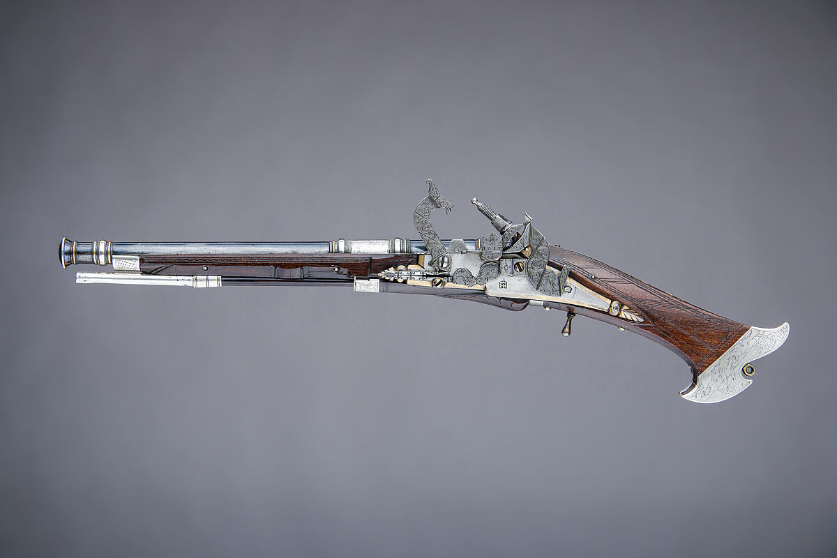 Snaphaunce Pistol Made for Wilhelm, Duke of Kurland, Steel, gold, silver, wood (brazilwood), Scottish 