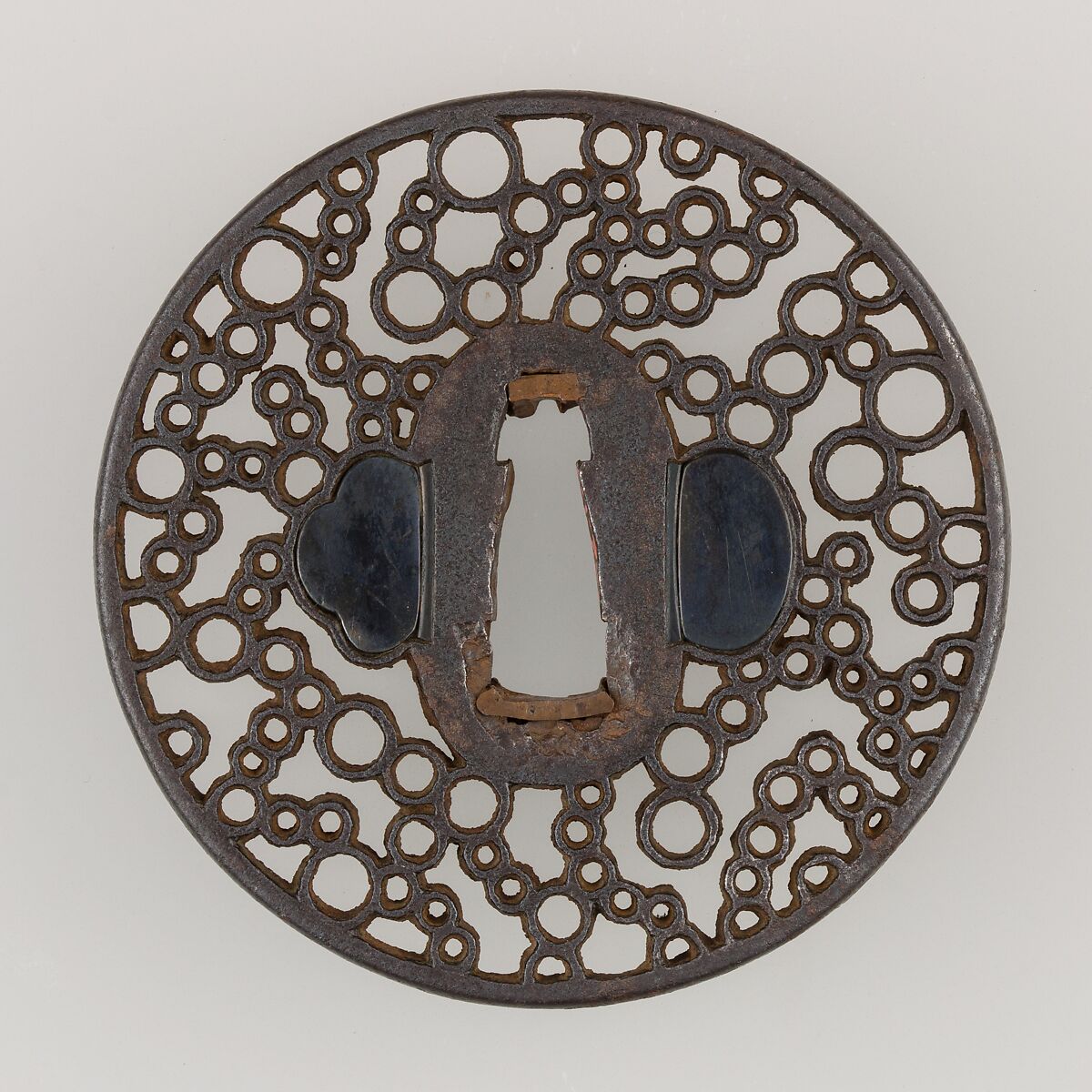 Sword Guard (Tsuba), Iron, copper-gold alloy (shakudō), copper, Japanese