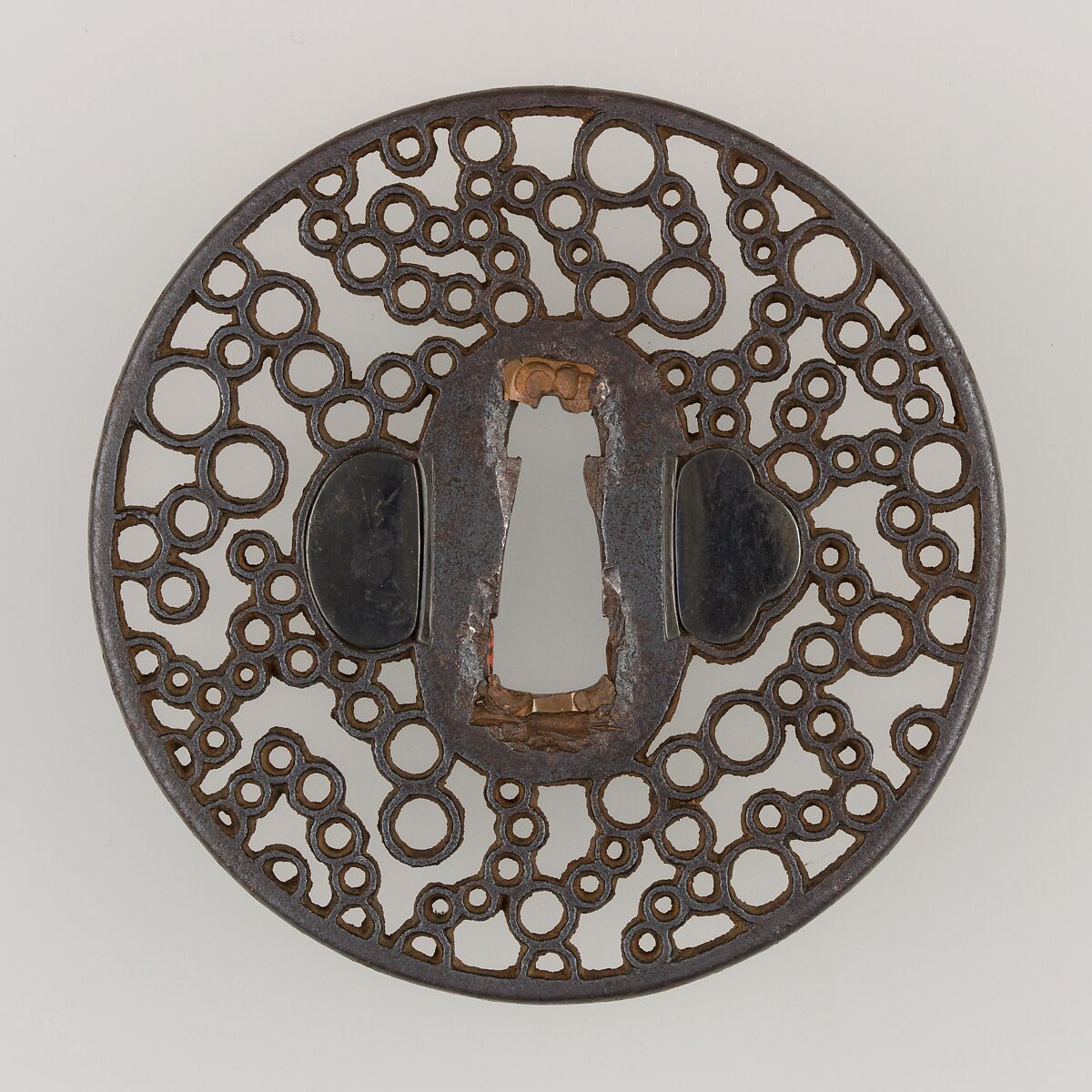 Sword Guard (Tsuba), Iron, copper-gold alloy (shakudō), copper, Japanese 