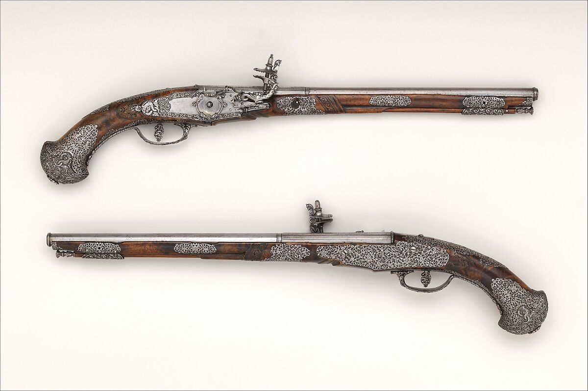 Pair of Wheellock Pistols, Pistols made and decorated by Giovan Antonio Gavacciolo (Italian, Brescia, active mid-17th century), Steel, wood (walnut), Italian, Brescia 