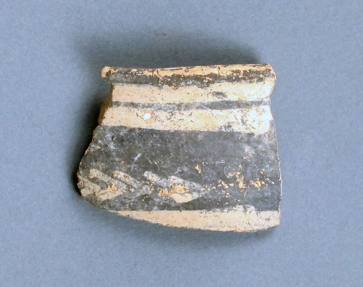 Terracotta rim fragment with linear motifs, Terracotta, Minoan 