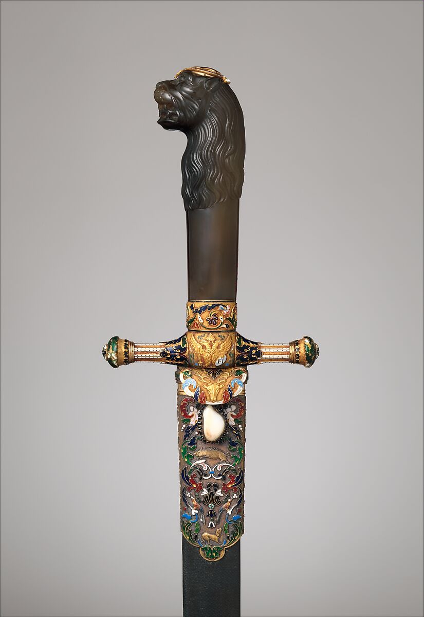 Hunting Sword, Emanuel Pioté (Austrian, Vienna 1781–1865), Steel, gold, enamel, agate, wood, leather, Austrian, Vienna 