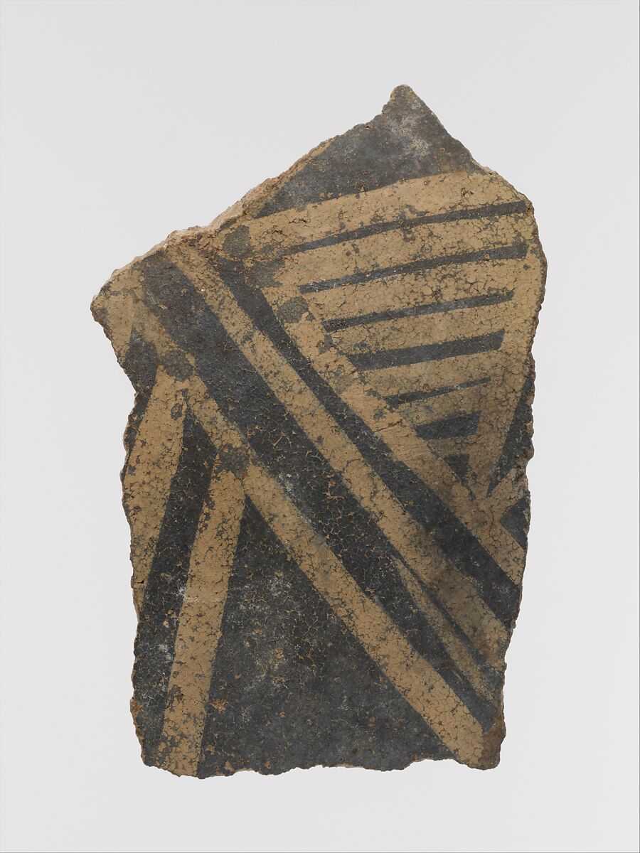 Terracotta vessel fragment with linear motifs, Terracotta, Minoan 