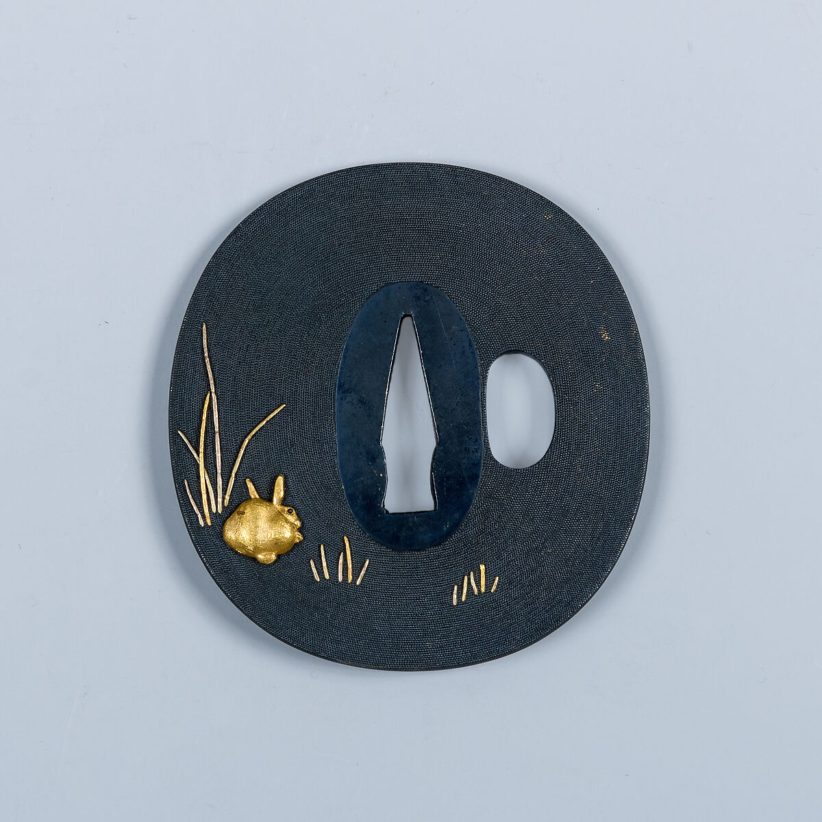 木賊兎図大小揃物 Fittings for a Pair of Swords (<i>Daishō Soroi-Mono</i>), Inscribed by 石黒政美 Ishiguro Masayoshi (Japanese, 1774–1862), Copper-gold alloy (<i>shakudō</i>), gold, silver, copper-silver alloy (<i>shibuichi</i>), copper, Japanese