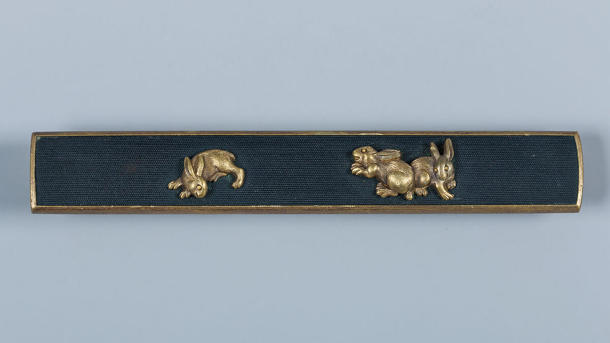 木賊兎図大小揃物 Fittings for a Pair of Swords (<i>Daishō Soroi-Mono</i>), Inscribed by 石黒政美 Ishiguro Masayoshi (Japanese, 1774–1862), Copper-gold alloy (<i>shakudō</i>), gold, silver, copper-silver alloy (<i>shibuichi</i>), copper, Japanese