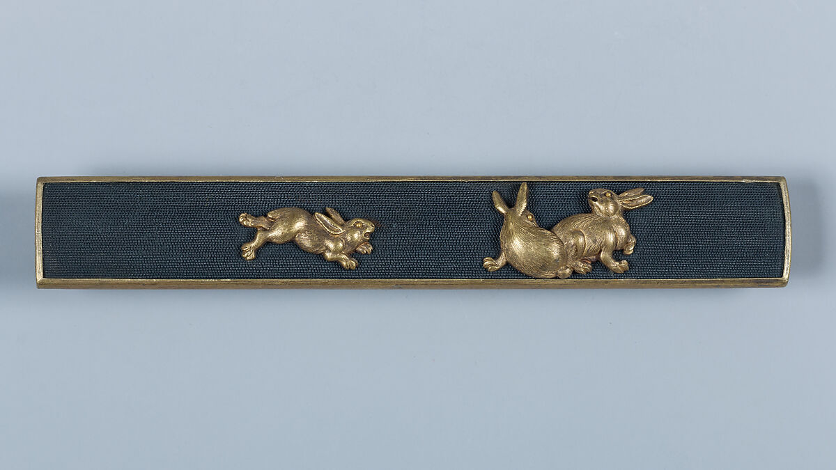 木賊兎図大小揃物 Fittings for a Pair of Swords (<i>Daishō Soroi-Mono</i>), Inscribed by 石黒政美 Ishiguro Masayoshi (Japanese, 1774–1862), Copper-gold alloy (<i>shakudō</i>), gold, silver, copper-silver alloy (<i>shibuichi</i>), copper, Japanese