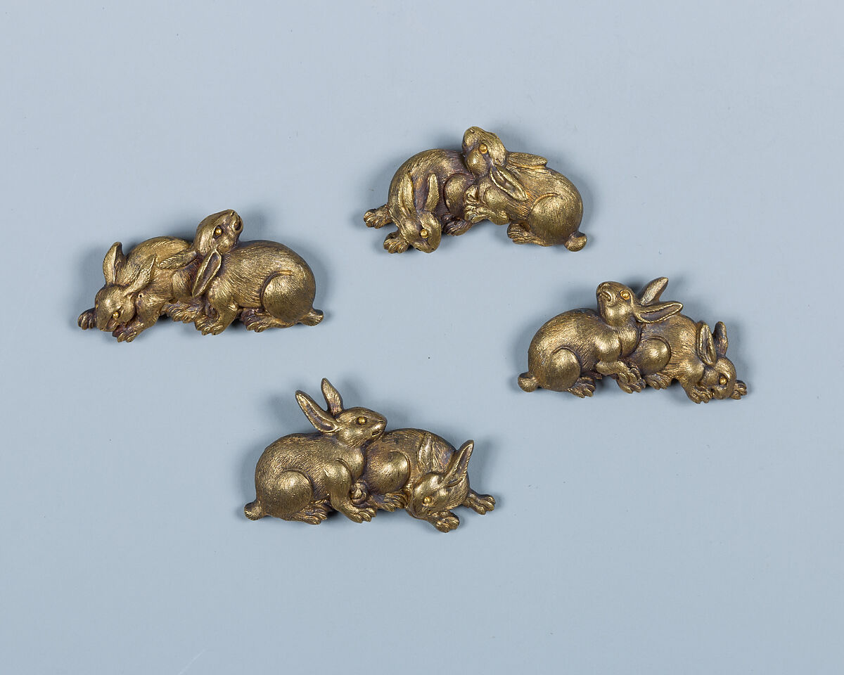 木賊兎図大小揃物 Fittings for a Pair of Swords (<i>Daishō Soroi-Mono</i>), Inscribed by 石黒政美 Ishiguro Masayoshi (Japanese, 1774–1862), Copper-gold alloy (<i>shakudō</i>), gold, silver, copper-silver alloy (<i>shibuichi</i>), copper, Japanese