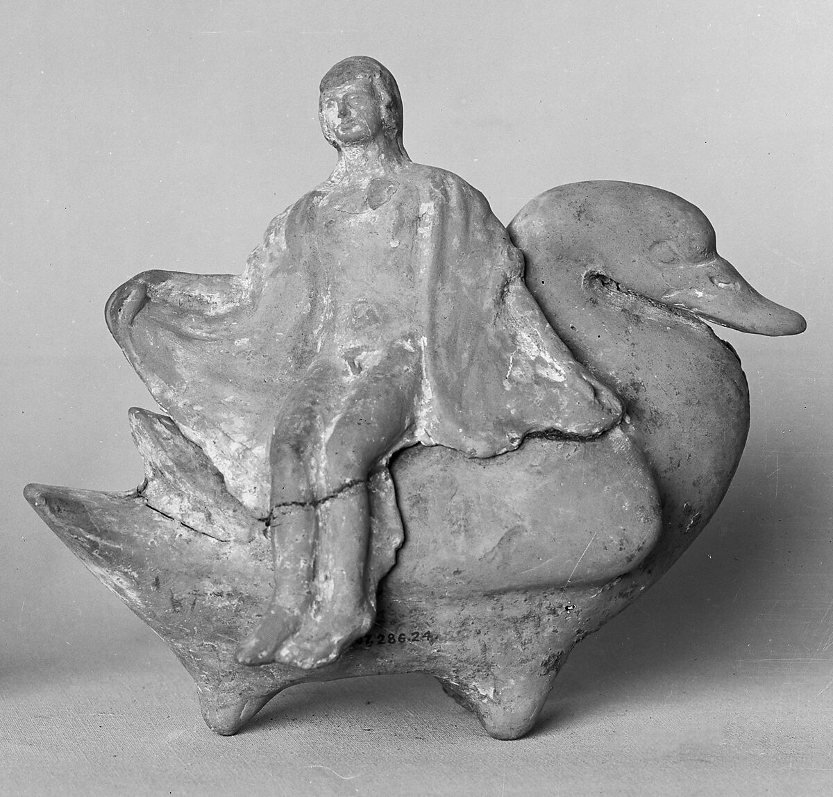 Terracotta statuette of Hyakinthos on a swan, Terracotta, Greek 
