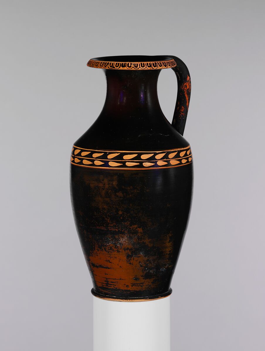 Terracotta oinochoe: olpe (jug), Terracotta, Greek, Attic 