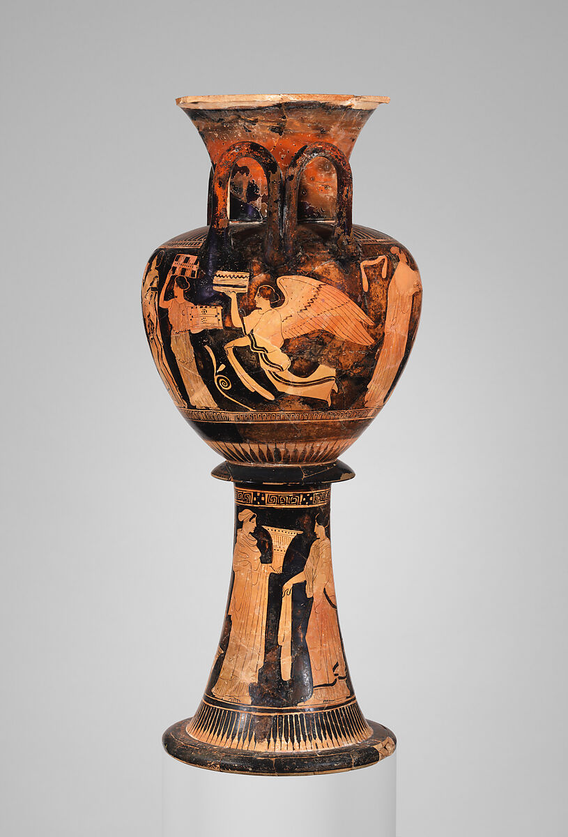 Terracotta lebes gamikos (round-bottomed bowl with handles and stand used in weddings), Attributed to the Washing Painter, Terracotta, Greek, Attic