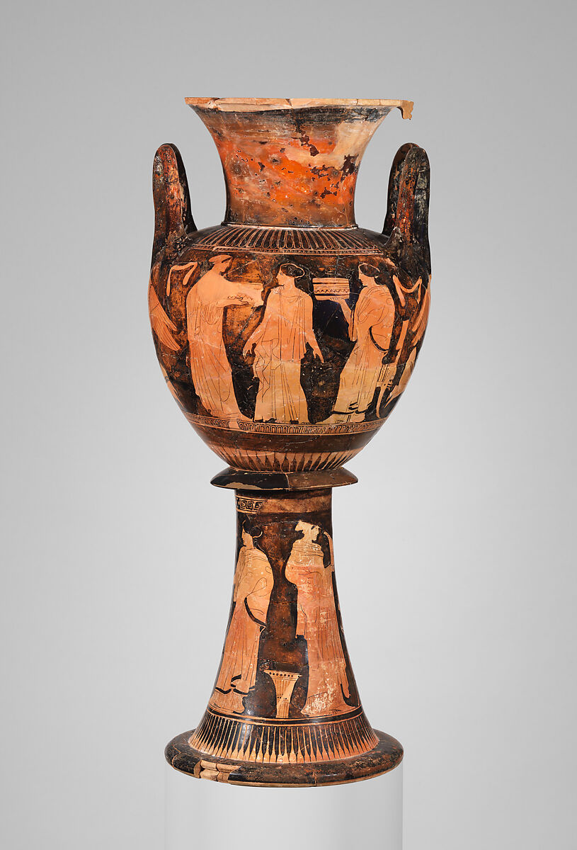 Terracotta lebes gamikos (round-bottomed bowl with handles and stand used in weddings), Attributed to the Washing Painter, Terracotta, Greek, Attic