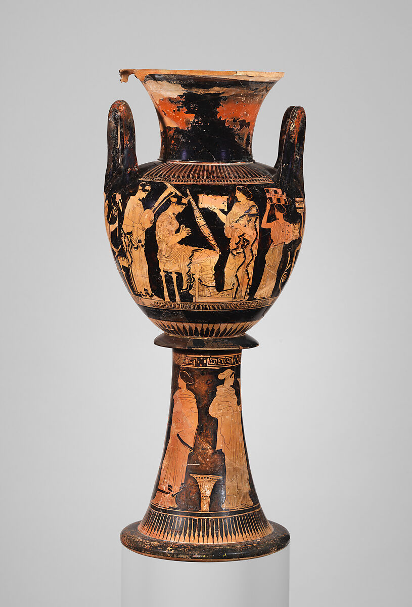 Terracotta lebes gamikos (round-bottomed bowl with handles and stand used in weddings), Attributed to the Washing Painter, Terracotta, Greek, Attic