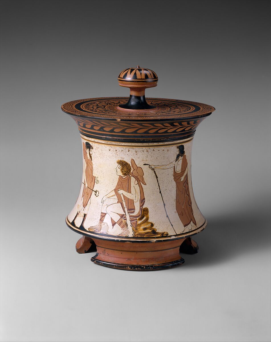 Terracotta pyxis (box), Penthesilea Painter, Terracotta, Greek, Attic