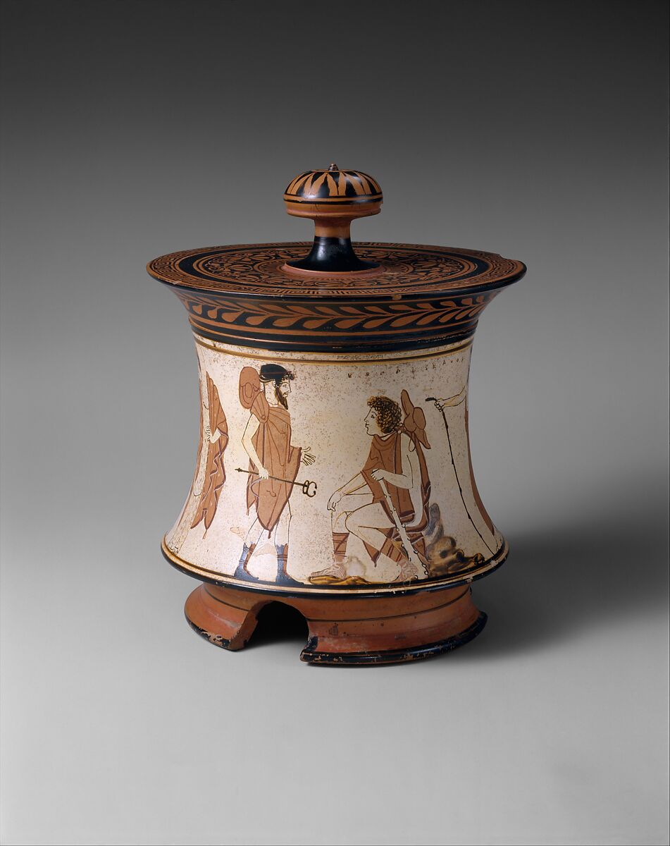Terracotta pyxis (box), Attributed to the Penthesilea Painter, Terracotta, Greek, Attic