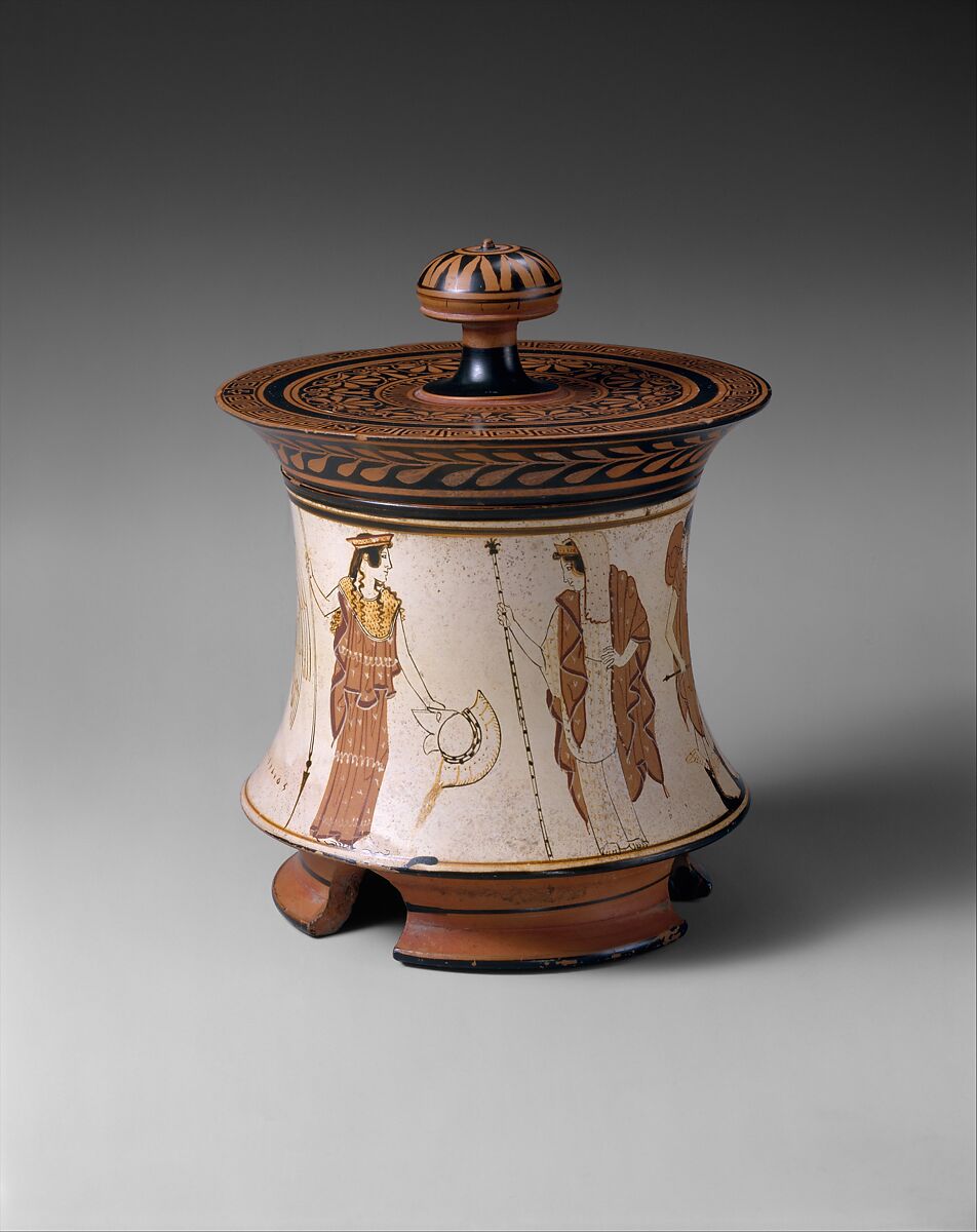 Terracotta pyxis (box), Attributed to the Penthesilea Painter, Terracotta, Greek, Attic