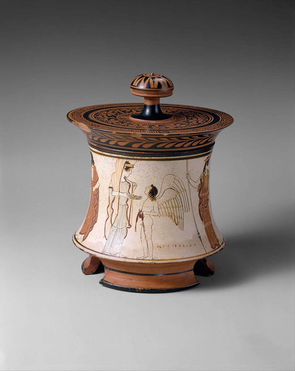 Terracotta pyxis (box), Attributed to the Penthesilea Painter, Terracotta, Greek, Attic