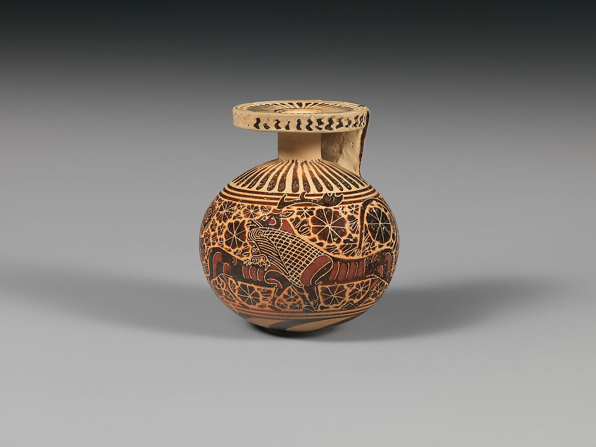 Terracotta aryballos (perfume vase), Attributed to an artist near the Sydney Cluster, Terracotta, Greek, Corinthian 