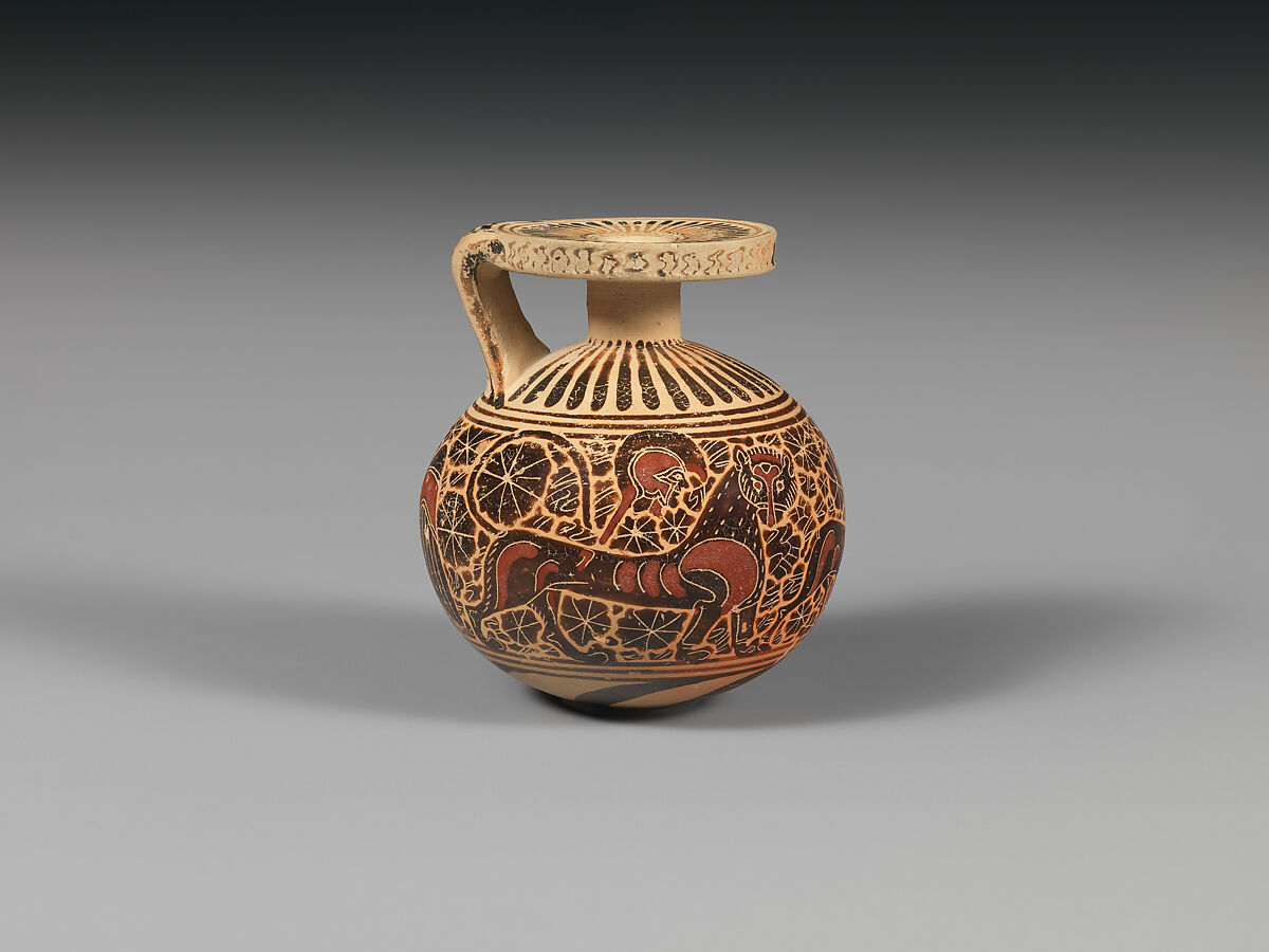 Terracotta aryballos (perfume vase), Attributed to an artist near the Sydney Cluster, Terracotta, Greek, Corinthian