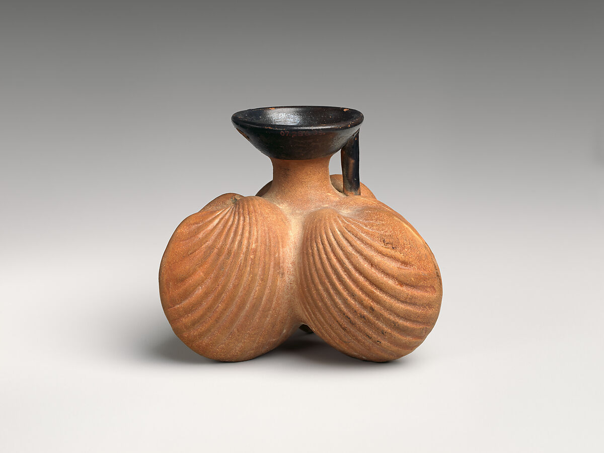 Terracotta aryballos (oil flask) in the form of three cockleshells, Terracotta, Greek, Attic 