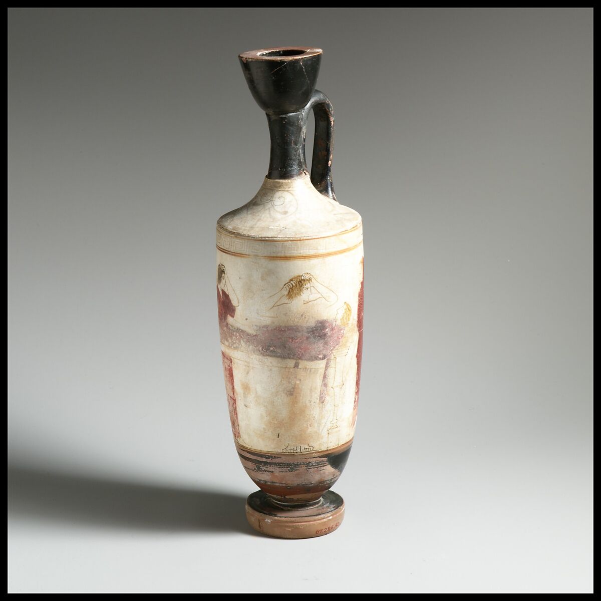 Terracotta lekythos (oil flask), Attributed to the Sabouroff Painter, Terracotta, Greek, Attic
