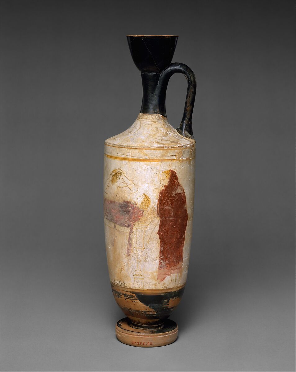 Terracotta lekythos (oil flask), Attributed to the Sabouroff Painter, Terracotta, Greek, Attic