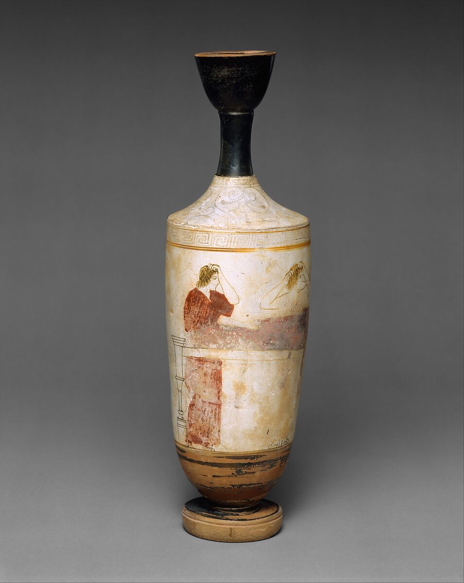 Terracotta lekythos (oil flask), Attributed to the Sabouroff Painter, Terracotta, Greek, Attic 