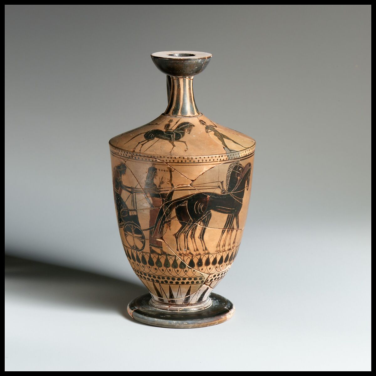 Terracotta lekythos (oil flask), Attributed to the Painter of New York 07, Terracotta, Greek, Attic 
