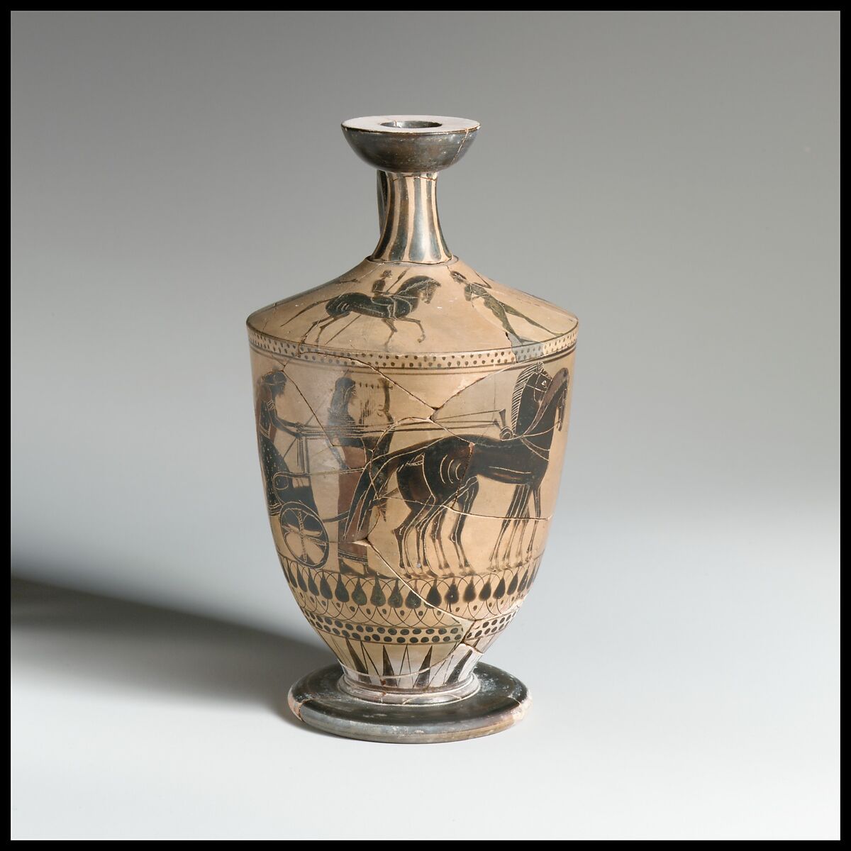 Terracotta lekythos (oil flask), Attributed to the Painter of New York 07, Terracotta, Greek, Attic