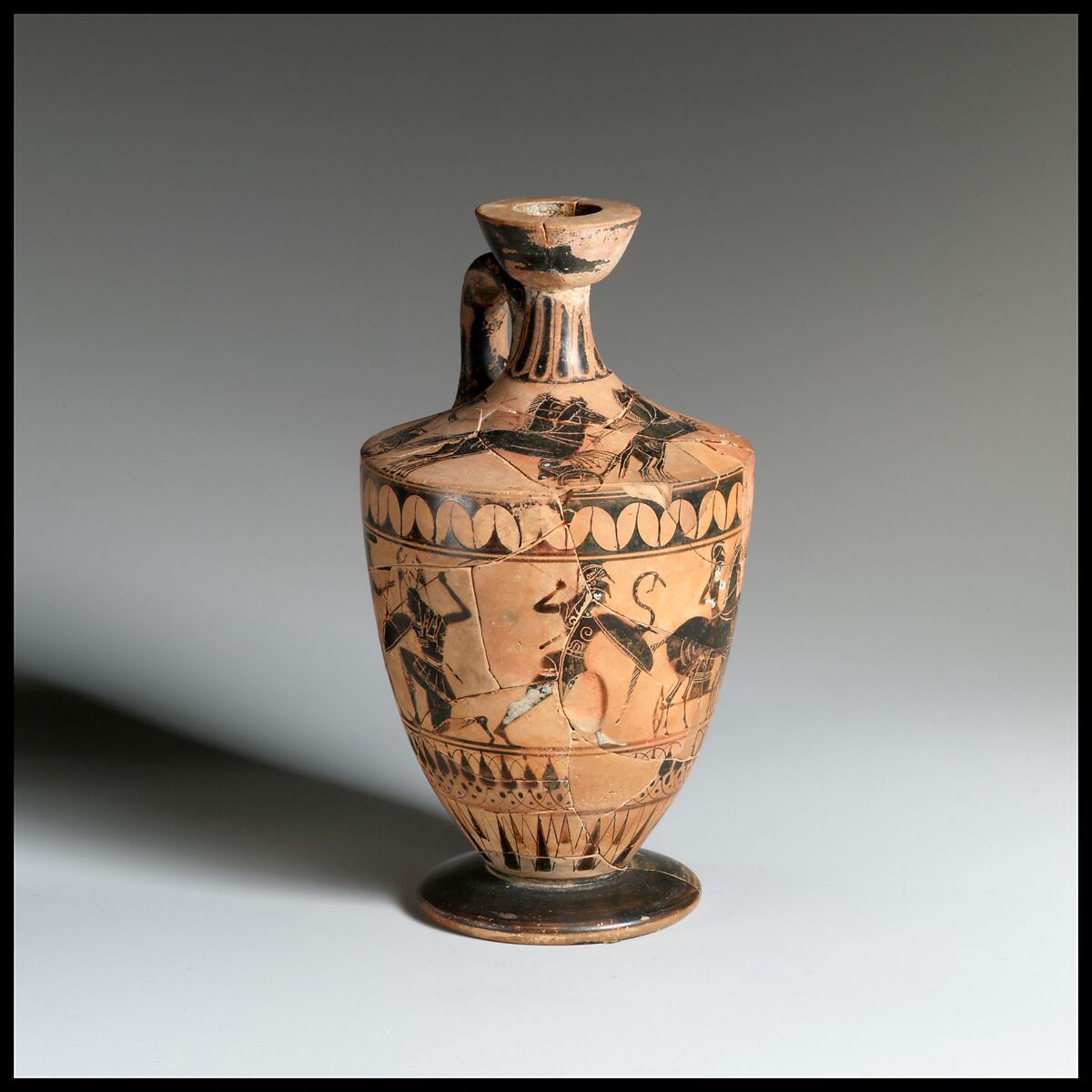 Terracotta lekythos (oil flask), Attributed to the Painter of New York 07, Terracotta, Greek, Attic 