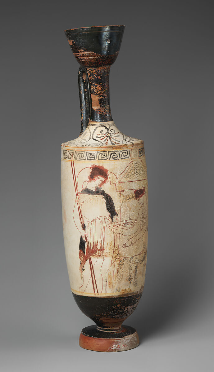 Terracotta lekythos (oil flask), Attributed to a painter of Group R, Terracotta, Greek, Attic 