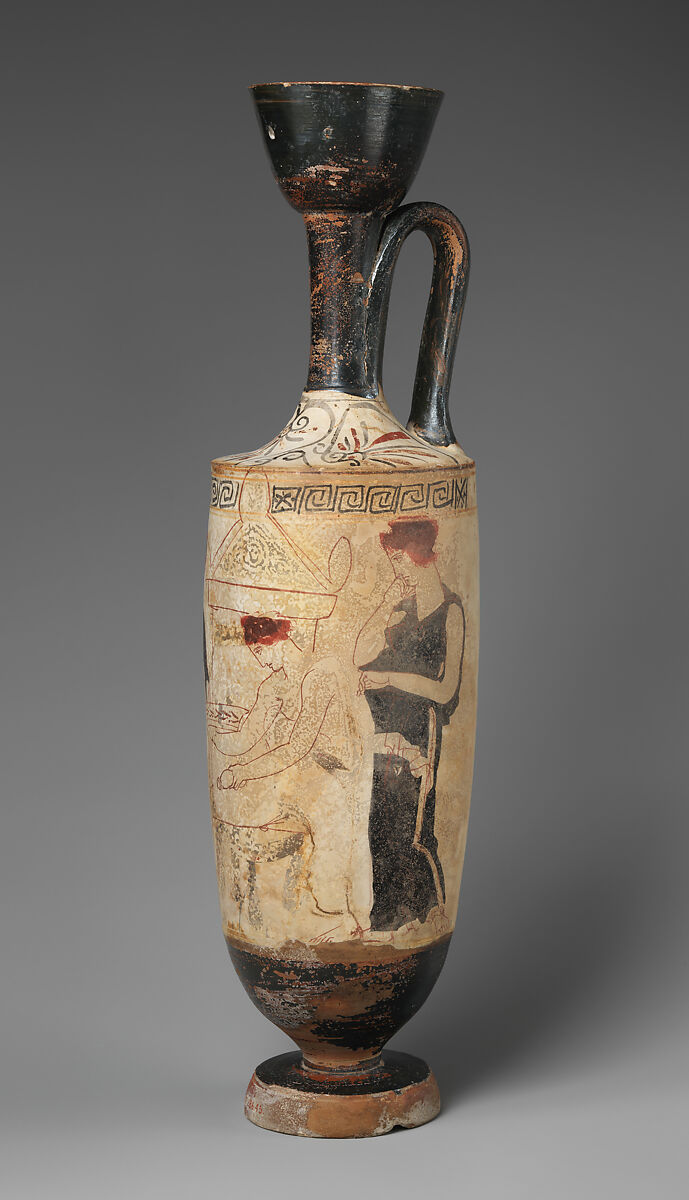 Terracotta lekythos (oil flask), Attributed to a painter of Group R, Terracotta, Greek, Attic