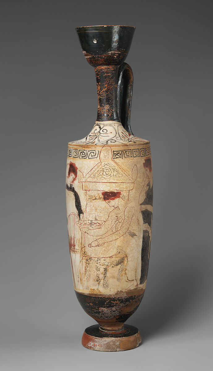 Terracotta lekythos (oil flask), Attributed to a painter of Group R, Terracotta, Greek, Attic