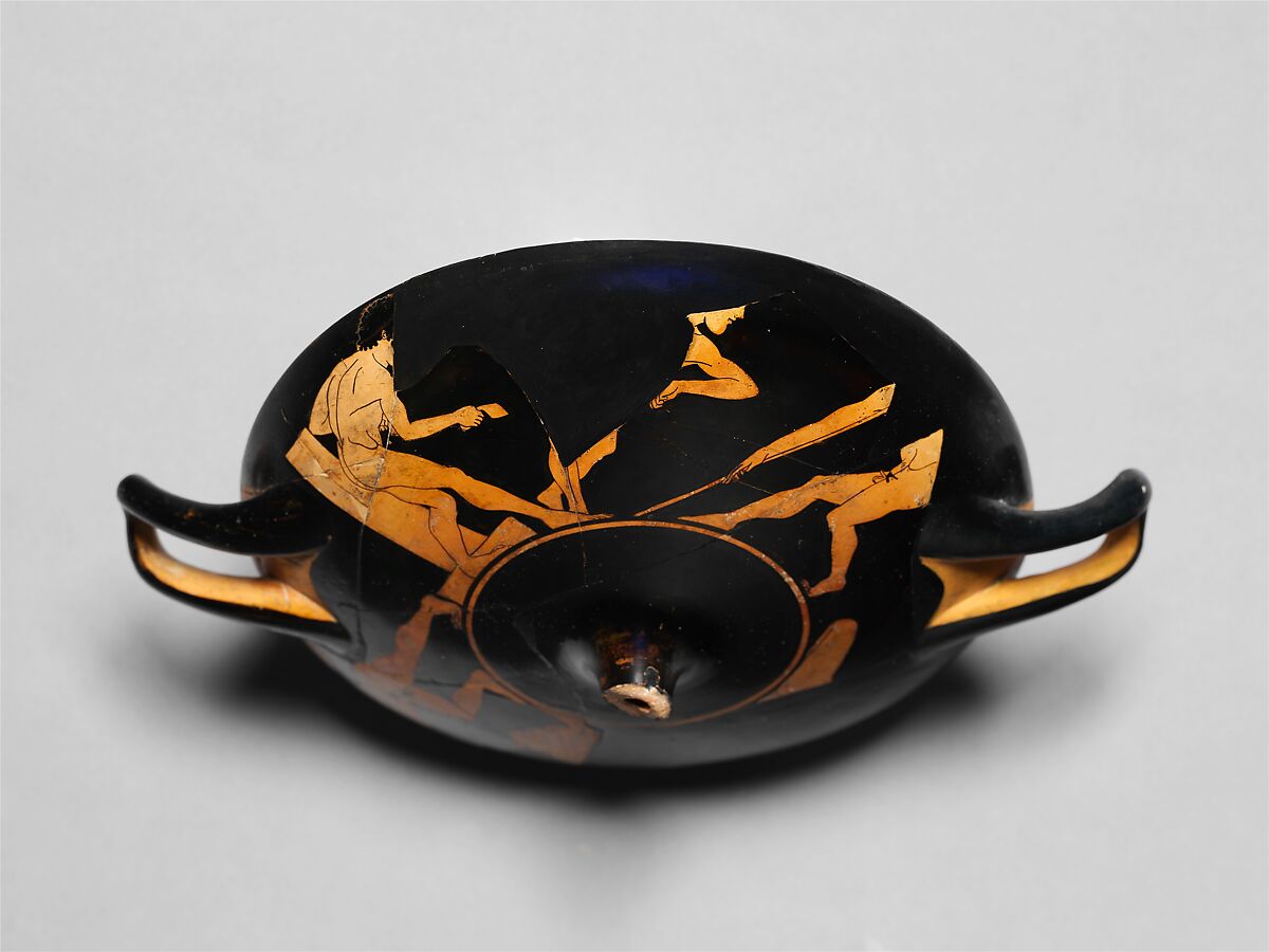 Terracotta kylix (drinking cup), Attributed to the manner of the Antiphon Painter, Terracotta, Greek, Attic 