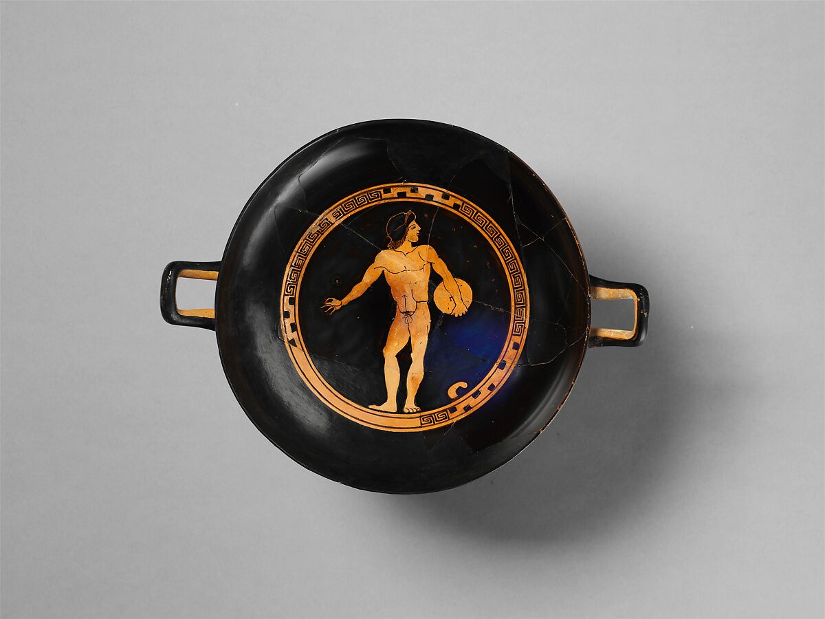 Terracotta kylix (drinking cup), Attributed to the manner of the Antiphon Painter, Terracotta, Greek, Attic