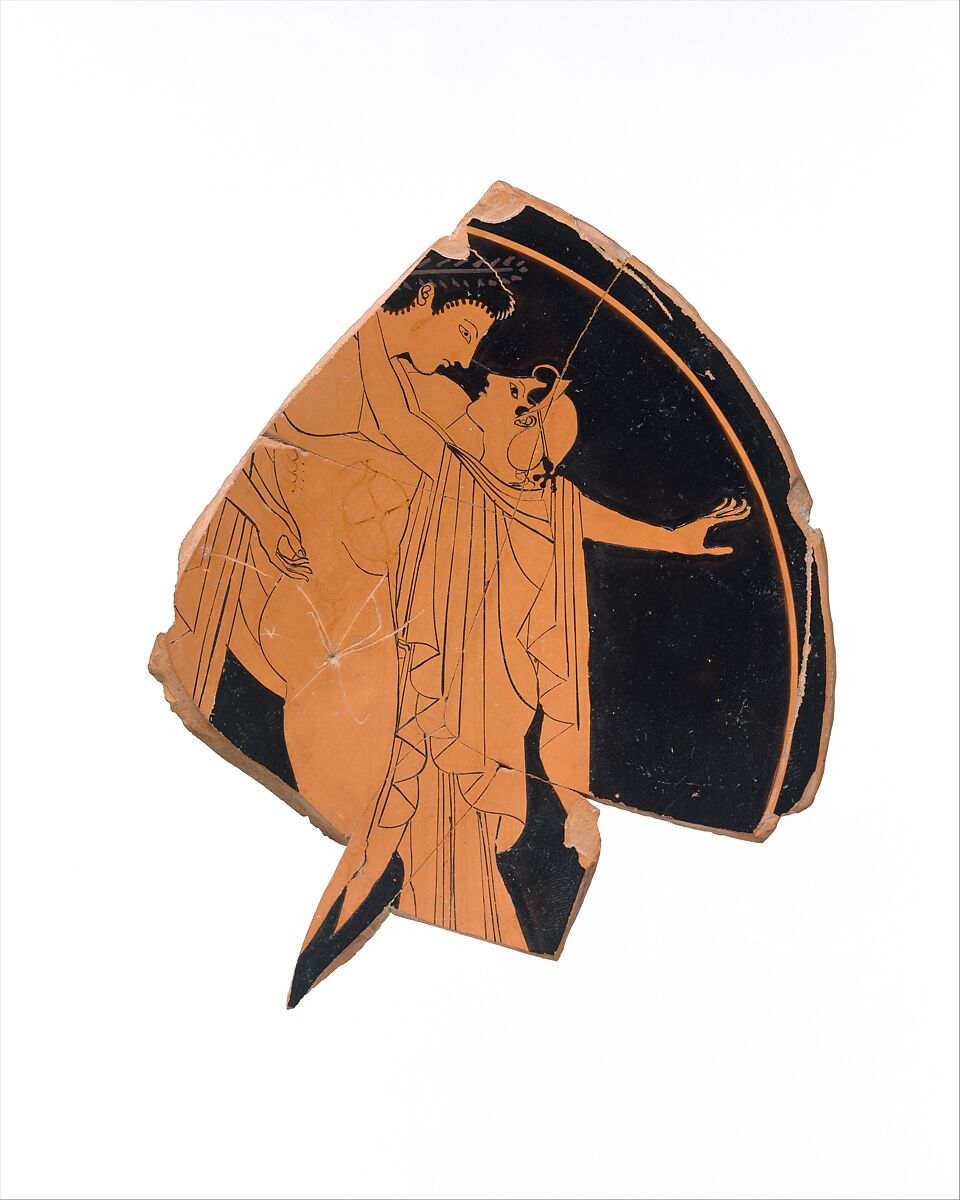 Fragmentary terracotta kylix (drinking cup), Attributed to the Kiss Painter, Terracotta, Greek, Attic 