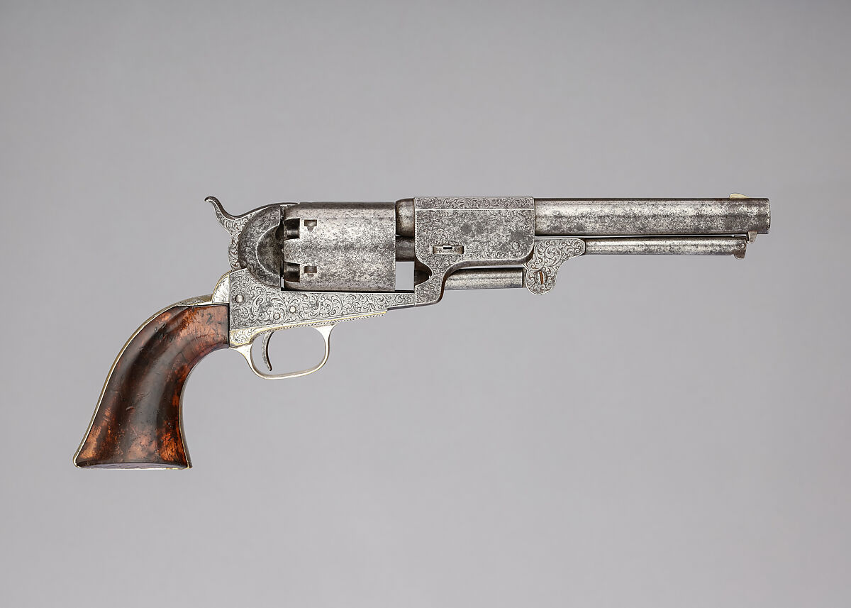 Colt Dragoon Percussion Revolver, Third Model, serial no. 13096, Samuel Colt (American, Hartford, Connecticut 1814–1862), Steel, brass, silver, wood (walnut), American, Hartford, Connecticut