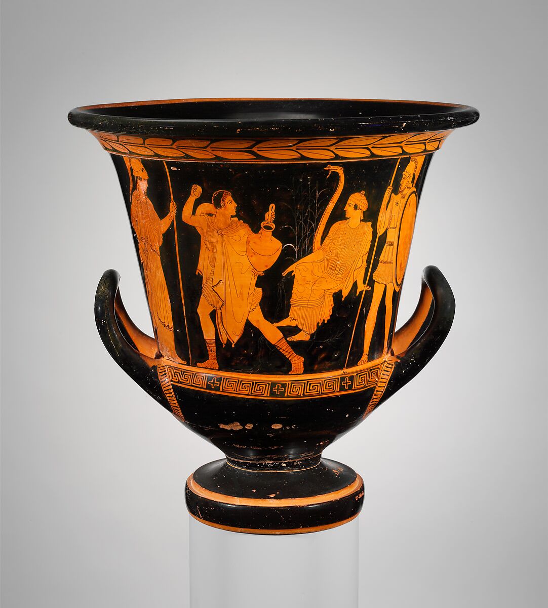 Terracotta calyx-krater (bowl for mixing wine and water), Attributed to the Spreckles Painter, Terracotta, Greek, Attic 