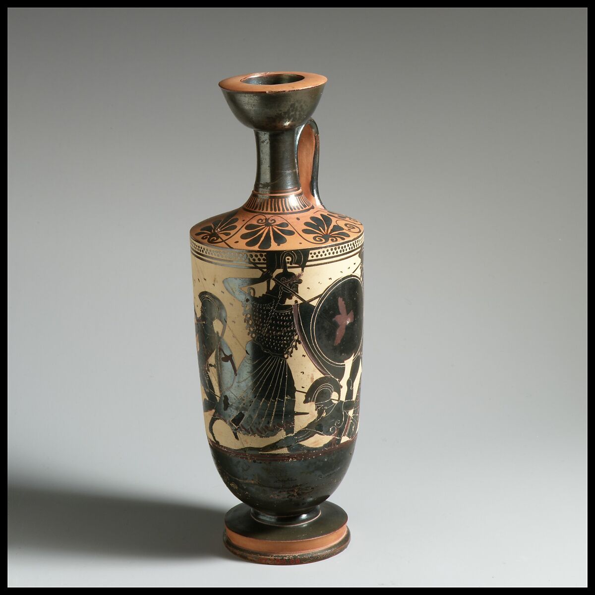 Terracotta lekythos (oil flask), Attributed to the Athena Painter, Terracotta, Greek, Attic 