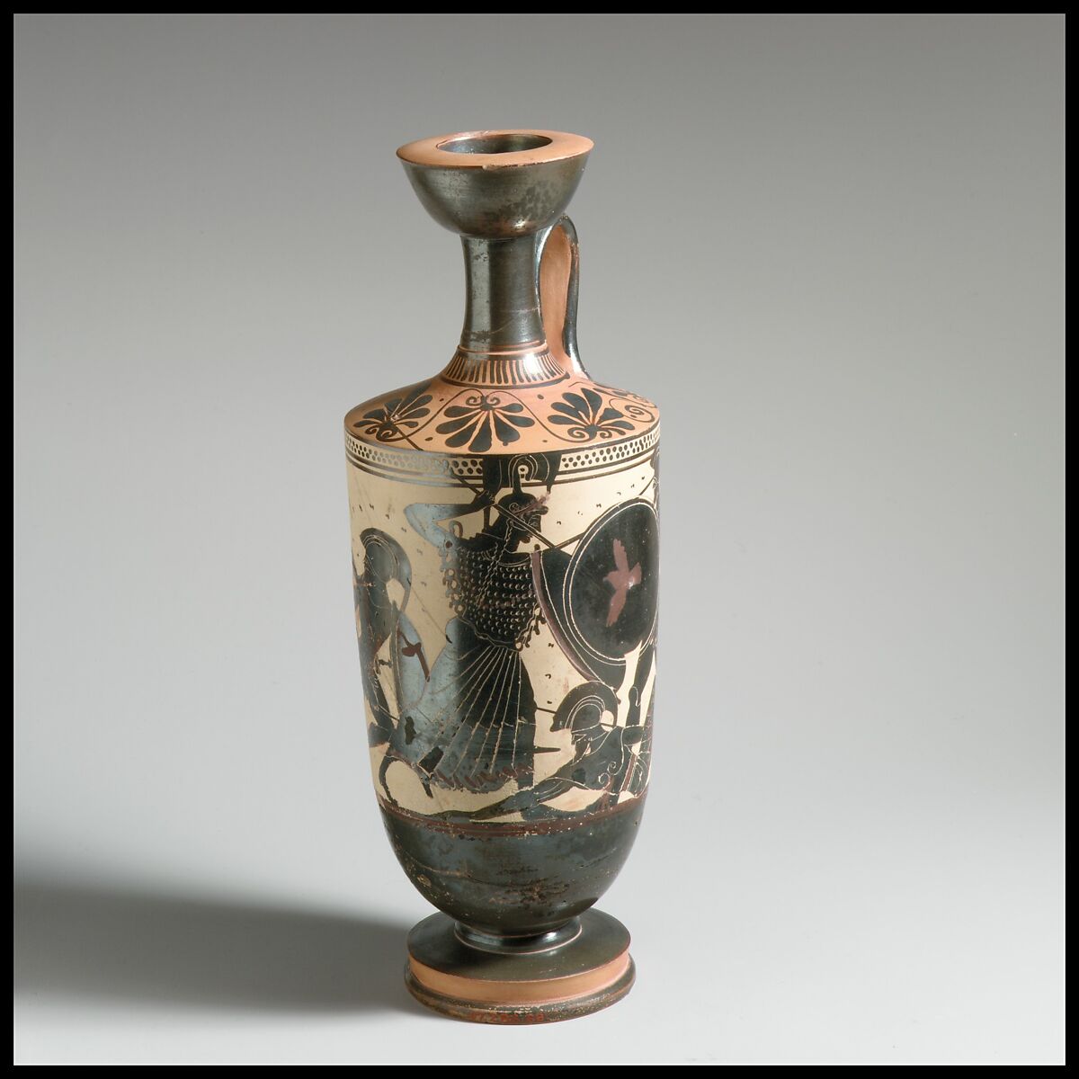 Terracotta lekythos (oil flask), Attributed to the Athena Painter, Terracotta, Greek, Attic