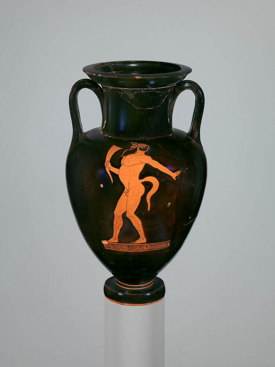 Terracotta Nolan neck-amphora (jar), Attributed to the Berlin Painter, Terracotta, Greek, Attic