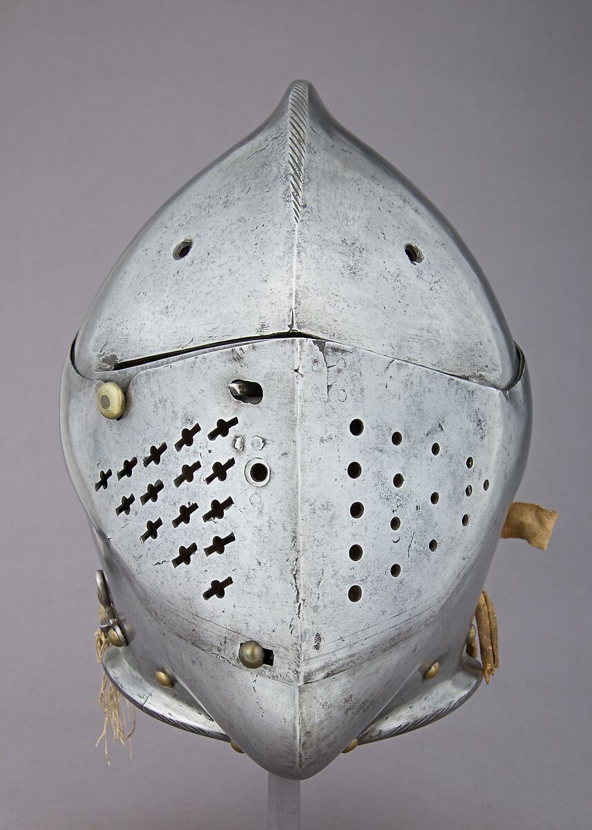 Close Helmet for the Tourney, Steel, brass, canvas, silk, German, Augsburg
