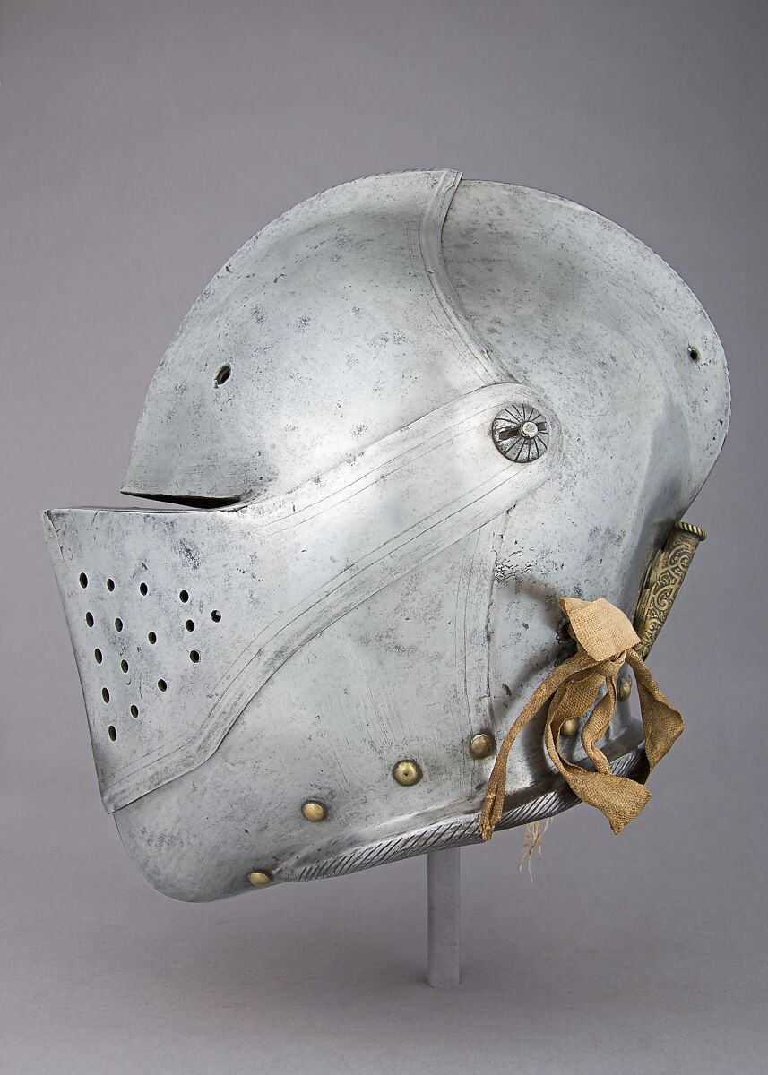 Close Helmet for the Tourney, Steel, brass, canvas, silk, German, Augsburg