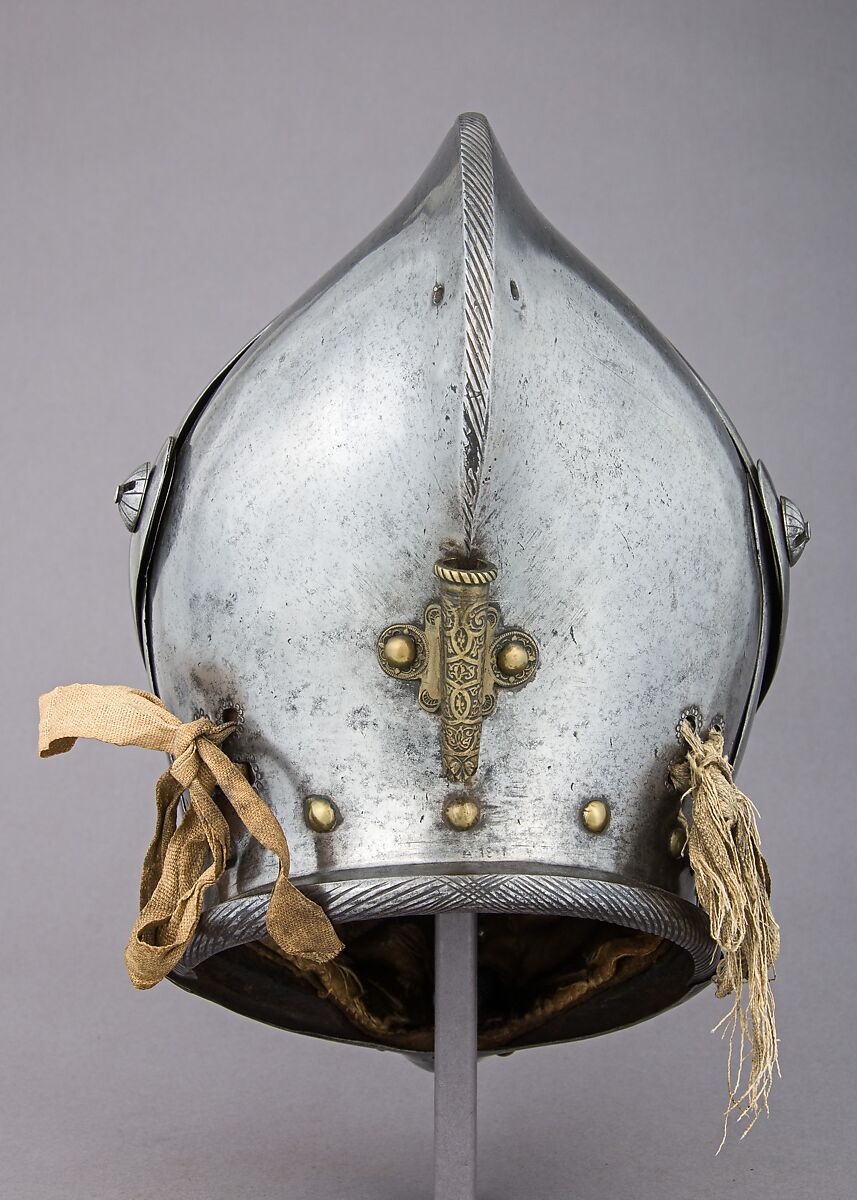 Close Helmet for the Tourney, Steel, brass, canvas, silk, German, Augsburg