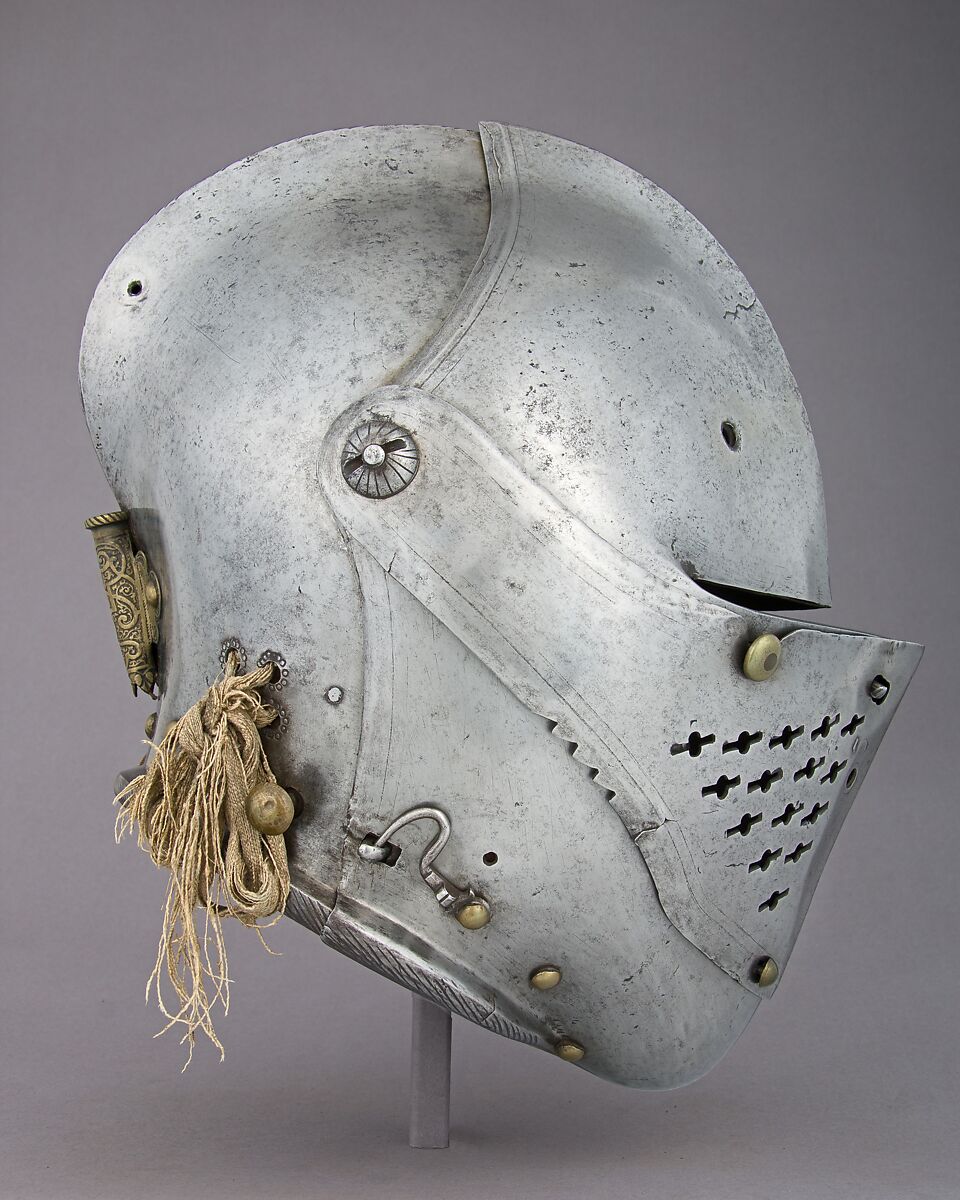 Close Helmet for the Tourney, Steel, brass, canvas, silk, German, Augsburg