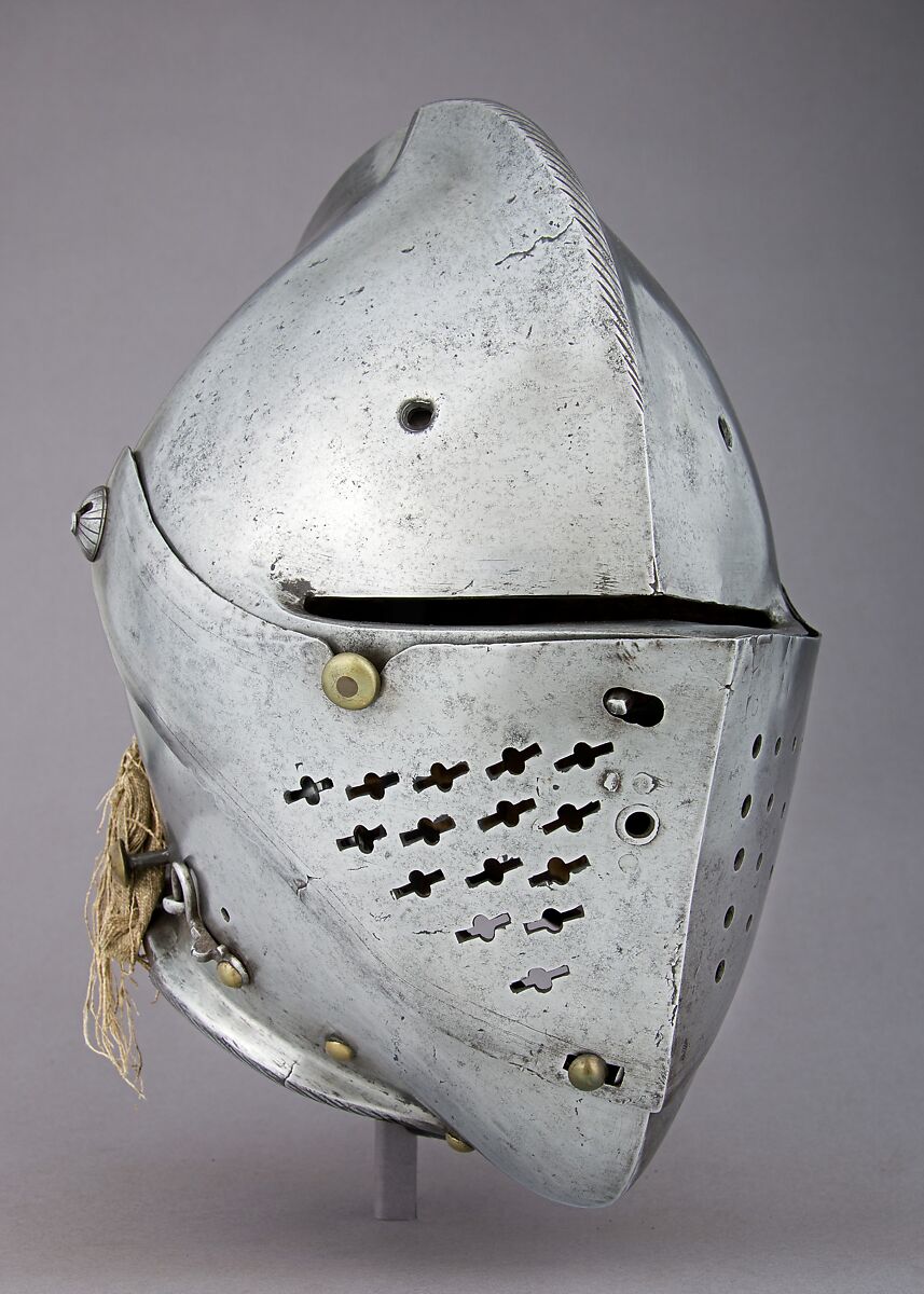 Close Helmet for the Tourney, Steel, brass, canvas, silk, German, Augsburg